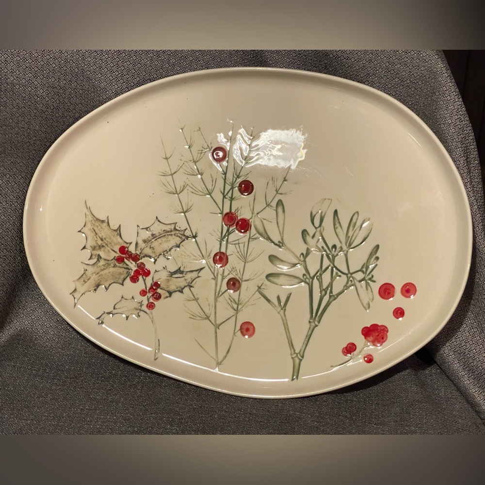 COPY - Oval Debossed Stoneware Platter with seasonal botanicals.